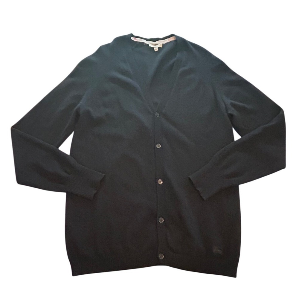 Burberry London Cardigan XL Black 100% Cashmere VNeck Logo Quiet Luxury Designer